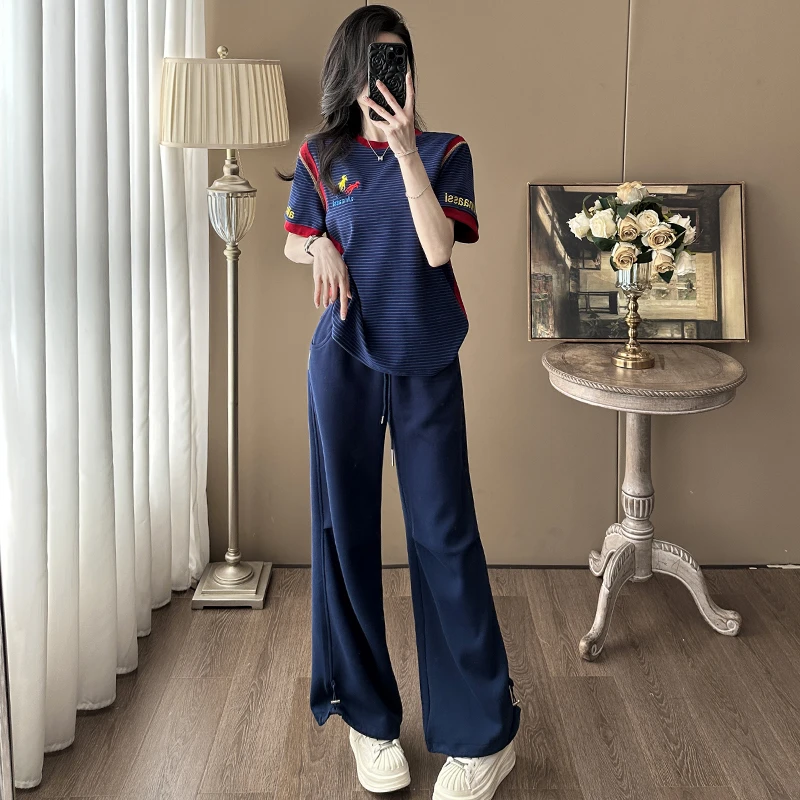 欧货休闲运动套装女夏装爆款整搭一整套洋气条纹短袖阔腿裤两件套