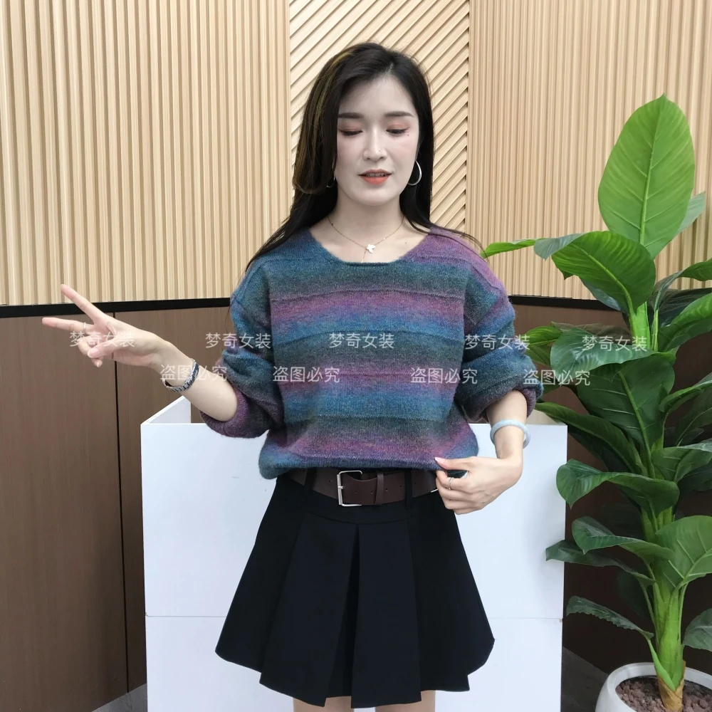 休闲时尚百搭套头毛衣2024秋冬新款慵懒风撞色条纹针织圆领上衣女
