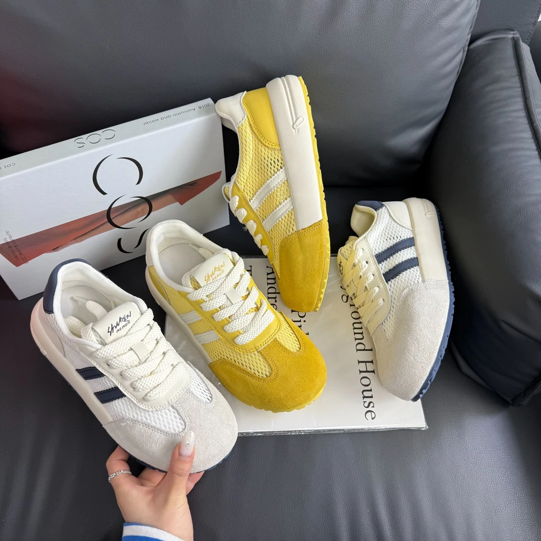 薄款透气网面厚底德训鞋女2025春夏圆头两杠轻便拼色休闲板鞋6002