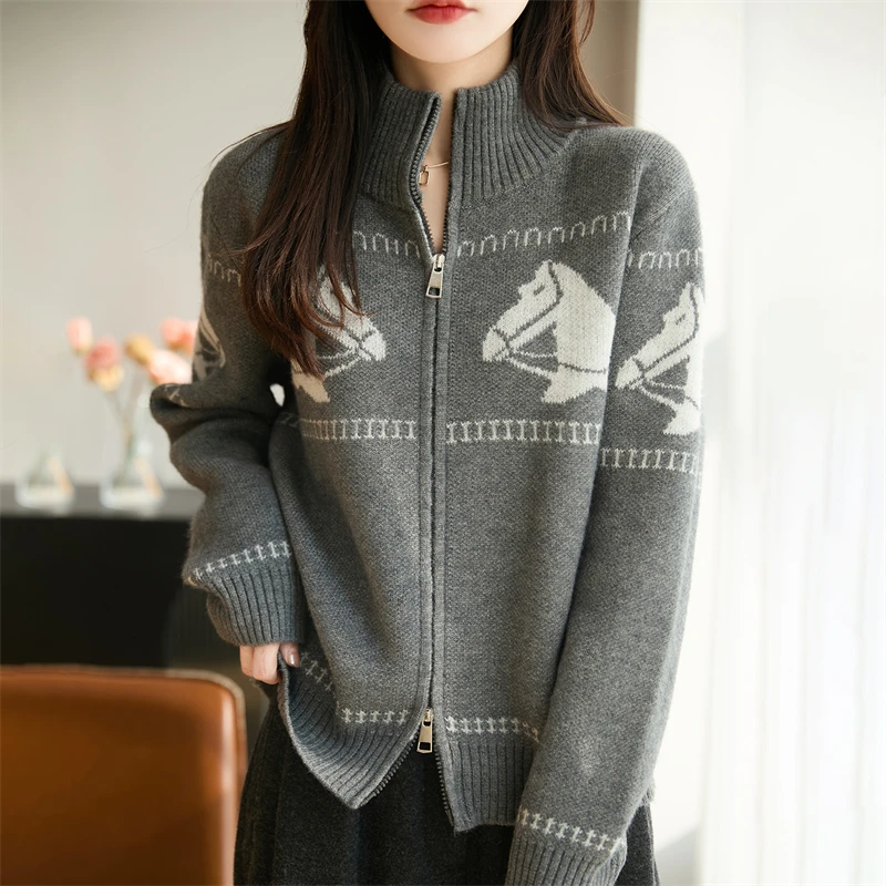 时尚品牌撤柜正品秋冬新款女款爆款提花毛针织开衫双头拉链百搭