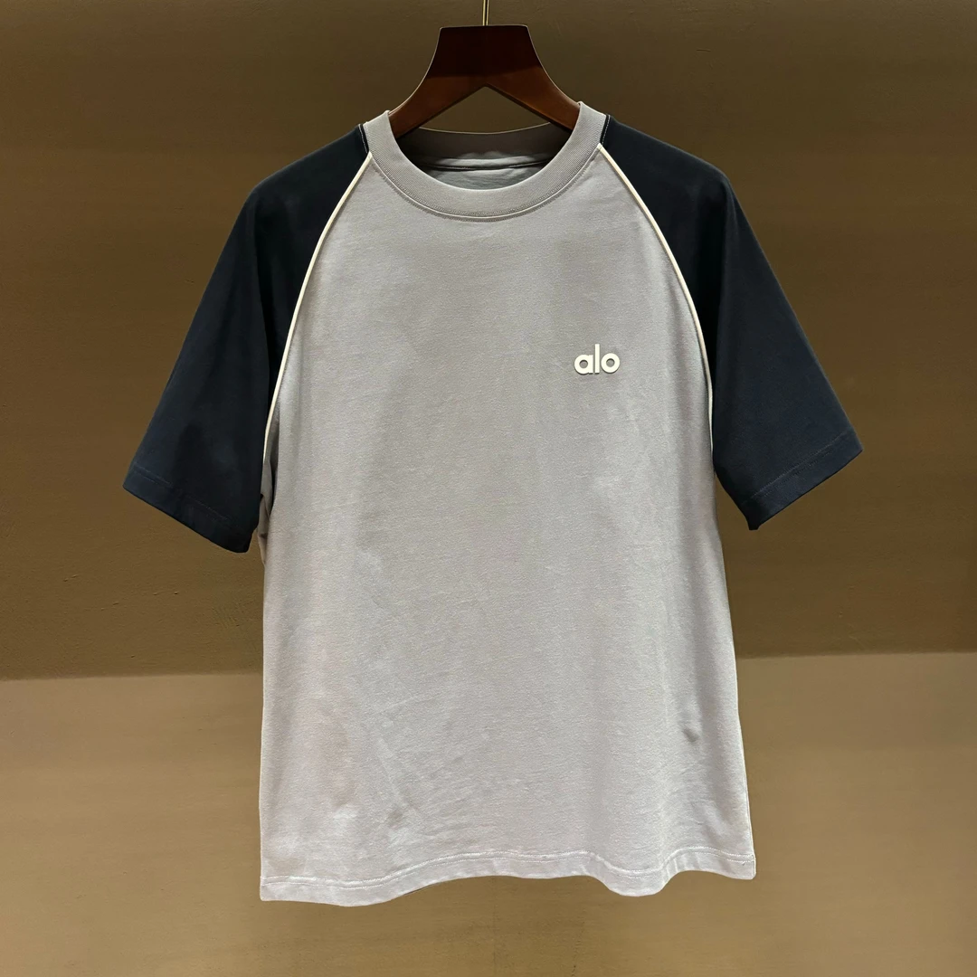 2025年夏季灰蓝双色拼接撞色字母小标时尚百搭短袖YS-7334