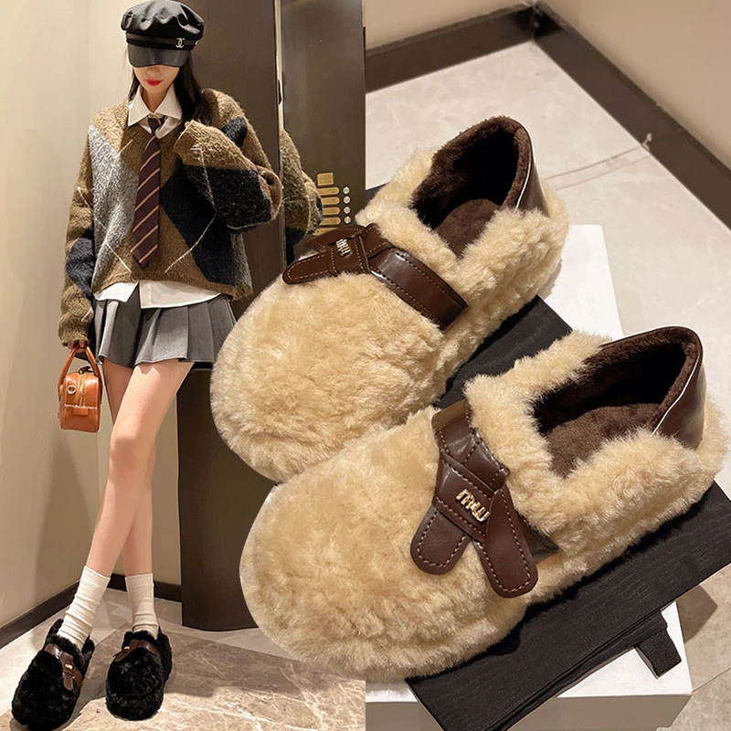 厚底毛毛鞋女外穿2025秋冬新款百搭一脚蹬豆豆鞋加绒乐福鞋棉鞋子