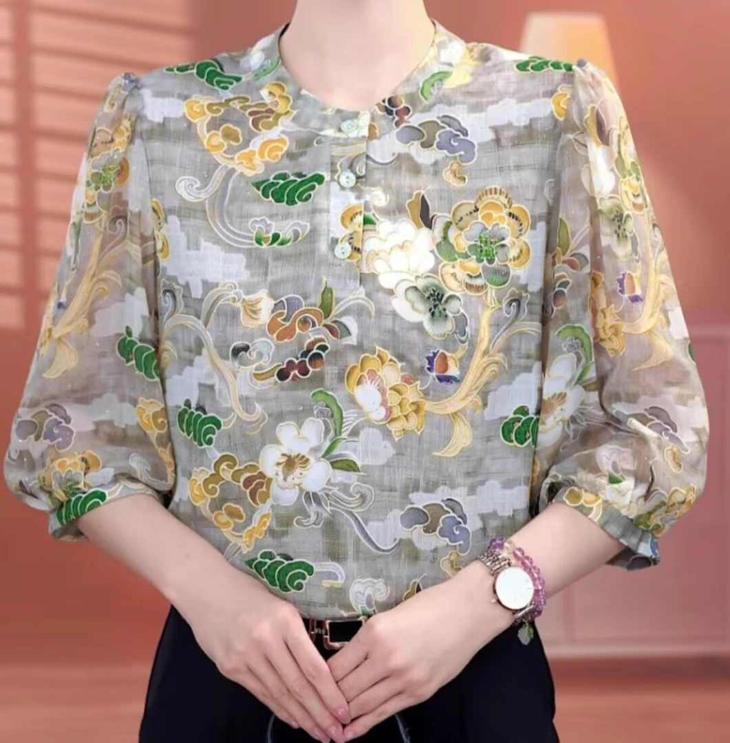 【薄款】夏天七分袖碎花冰丝衬衫宽松大码胖mm宽松显瘦防晒小衫672#