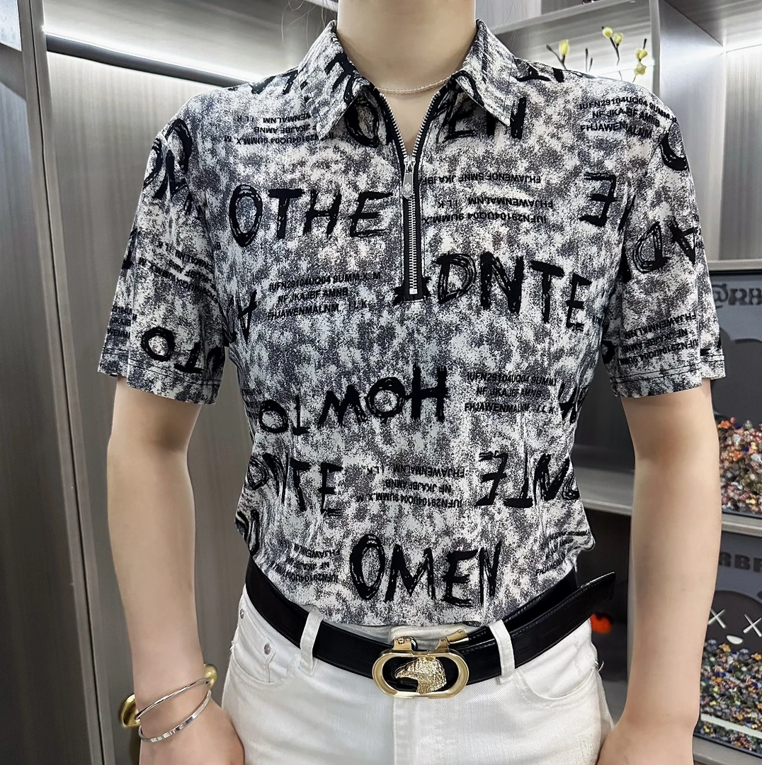 2025夏季男士短袖字母Polo衫半拉链翻领修身时尚休闲商务88236