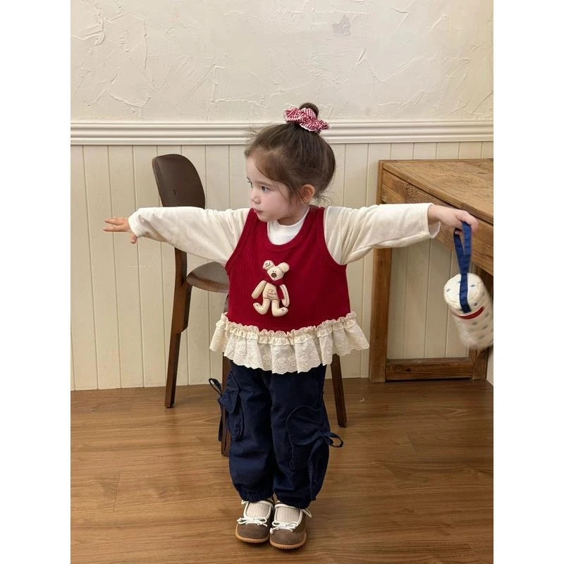 童装25秋新款女童小童韩版可爱玩偶背心T恤两件套工装休闲裤