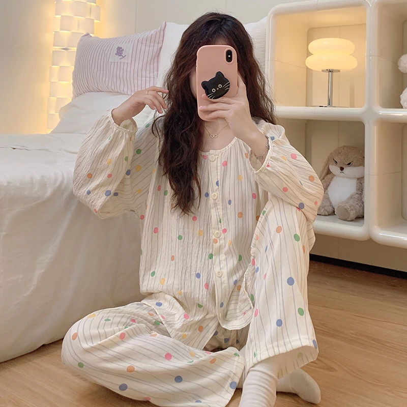 睡衣女士春秋季薄款长袖云朵棉套装可爱公主风网红爆款家居服波点