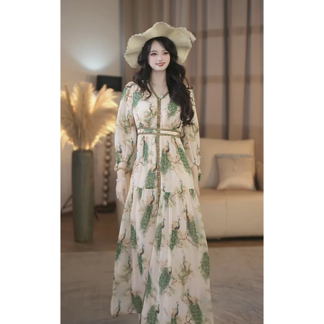 【琬琬】孔雀仙子 春夏气质日常 度假风收腰设计连衣裙-YL20170