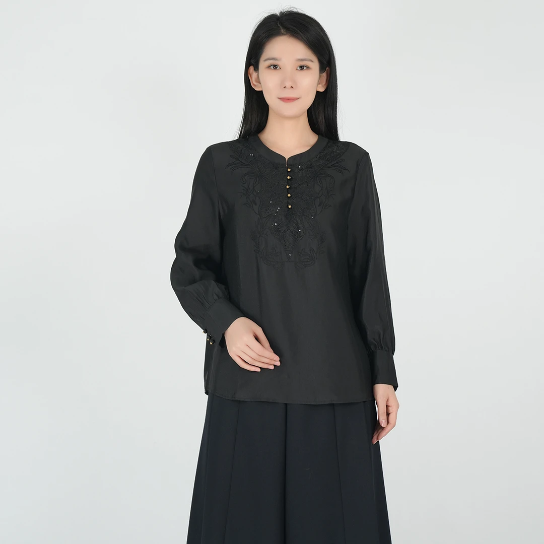 中国风圆领宽松精致蕾丝长袖秋季新款女士通勤T恤上衣WH0500622