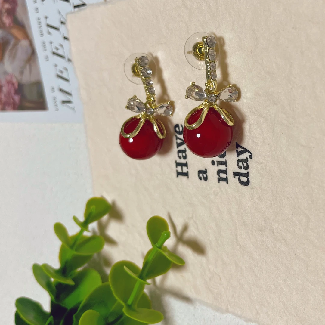 合金仿珍珠耳饰 1259爆闪满锆蝴蝶结红色贝珠耳环