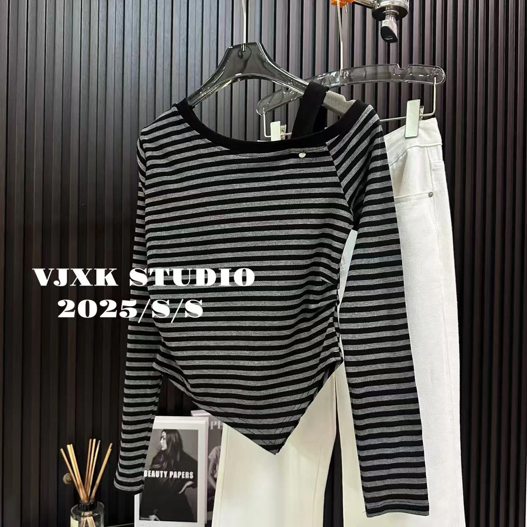 LUSESAY 收腰条纹单肩带设计 秋季新款长袖t恤女百搭显瘦时尚上衣