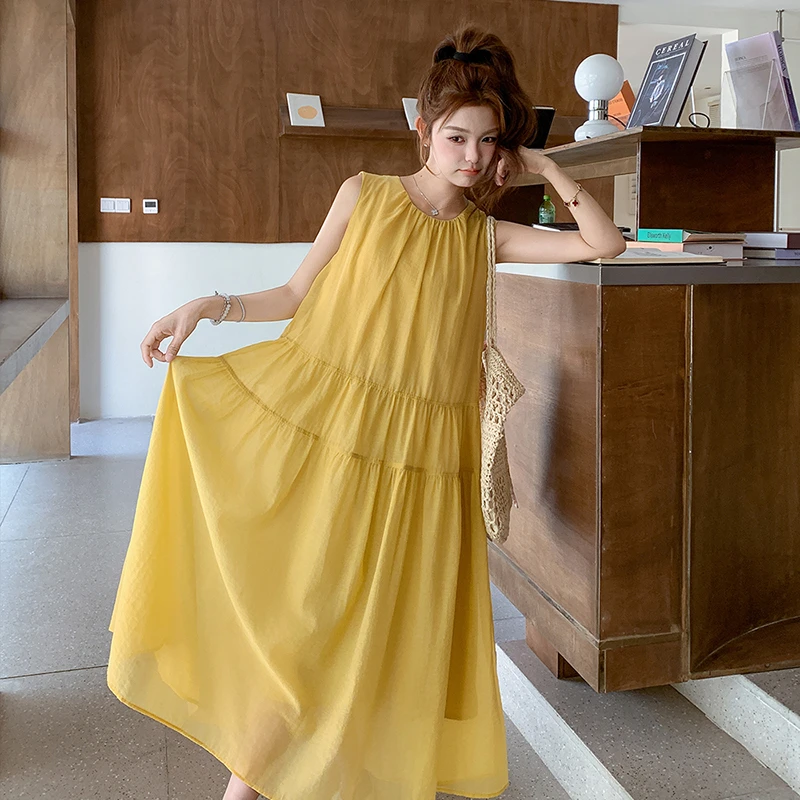 黄色甜美宽松无袖连衣裙女2025夏季新款韩版宽松简约初恋背心长裙