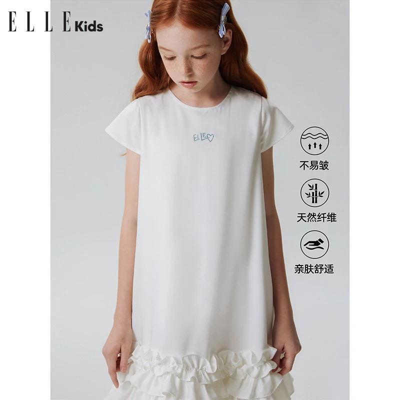 ELLE KIDS童装女童夏季舒适宽松透气烫钻木耳边连衣裙A5