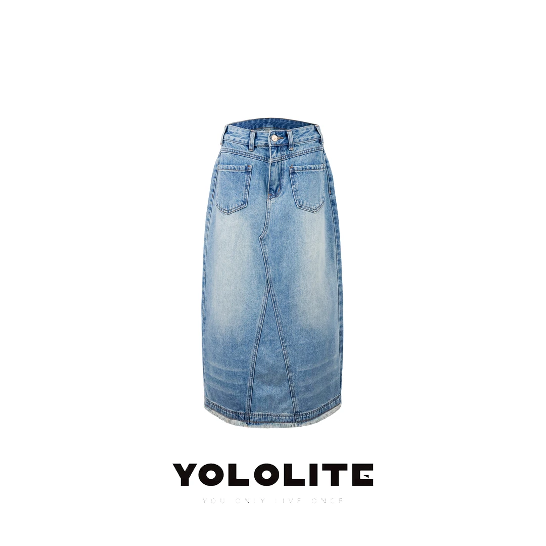 YOLOLITE【牛仔半裙】2765中腰磨毛下摆100%棉水洗蓝牛仔半裙