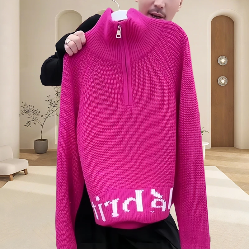 玫红色半拉链设计高领毛衣秋冬2025新款显白减龄套头针织衫上衣