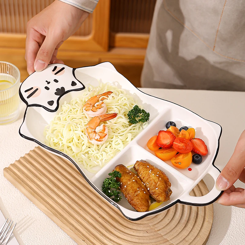 卡通陶瓷早餐分餐盘高级感家用餐盘简约水果快餐高颜值分格盘子