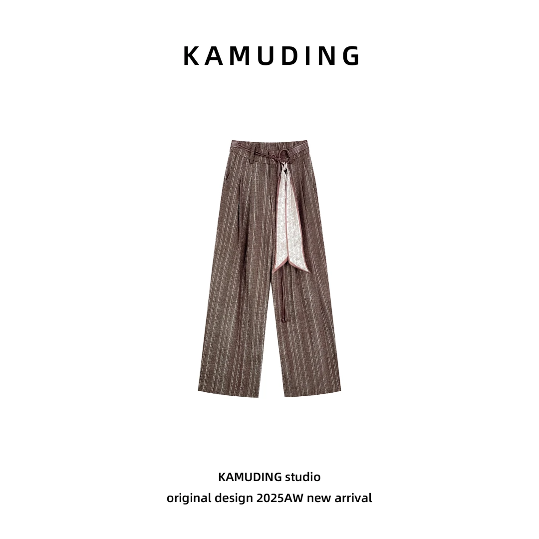 KAMUDING2025新款C设计师条纹咖色时尚阔腿直筒休闲裤25329