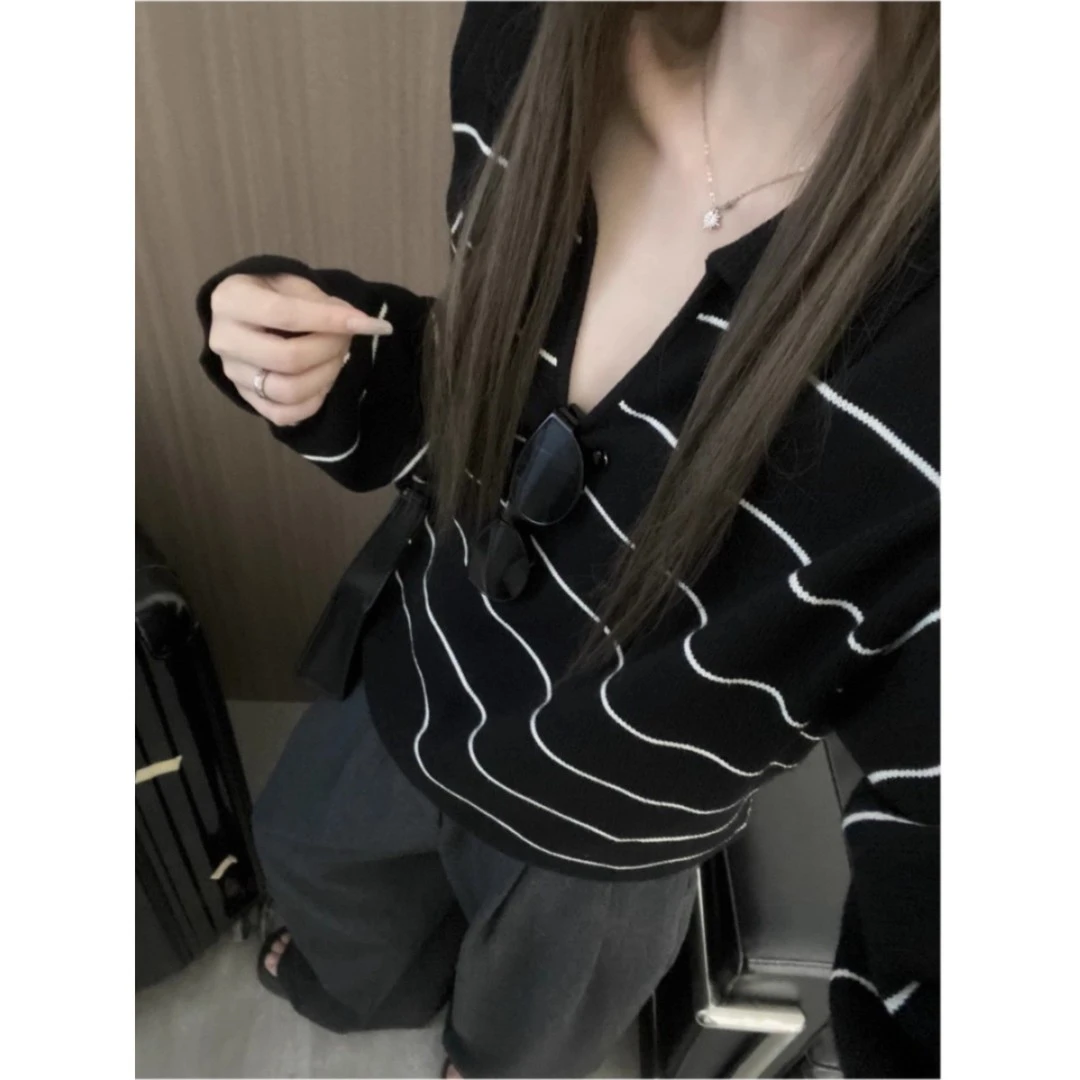 秋冬季新款韩系松弛感条纹Polo领宽松针织衫女百搭简约打底衫毛衣