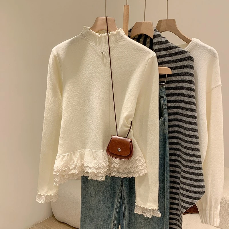 杏色打底衫女秋冬木耳蕾丝边拼接半高领叠穿内搭修身显瘦针织上衣