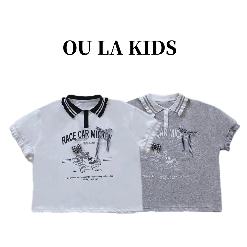 22025夏季新品女童韩版字母蝴蝶结花边POLO宽松百搭童装T恤25160