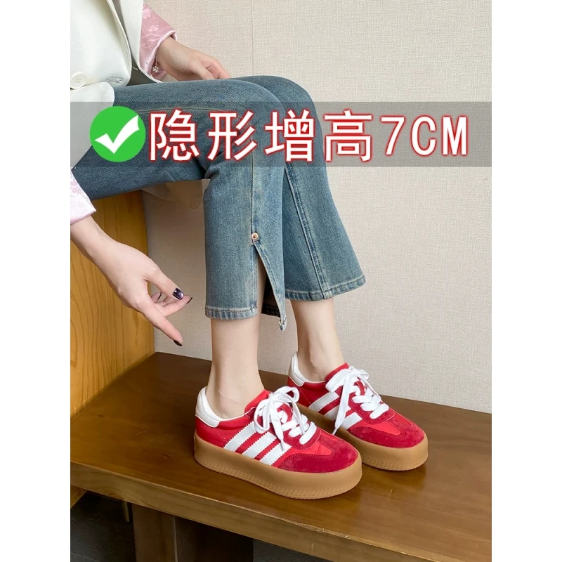 德训鞋女2025新款复古阿甘鞋厚底休闲运动板鞋软牛皮~内增高红色