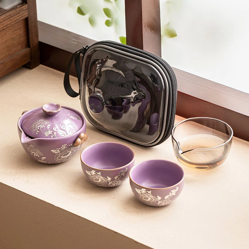 CJ描银手绘紫色紫汝快客杯牡丹旅行套6018