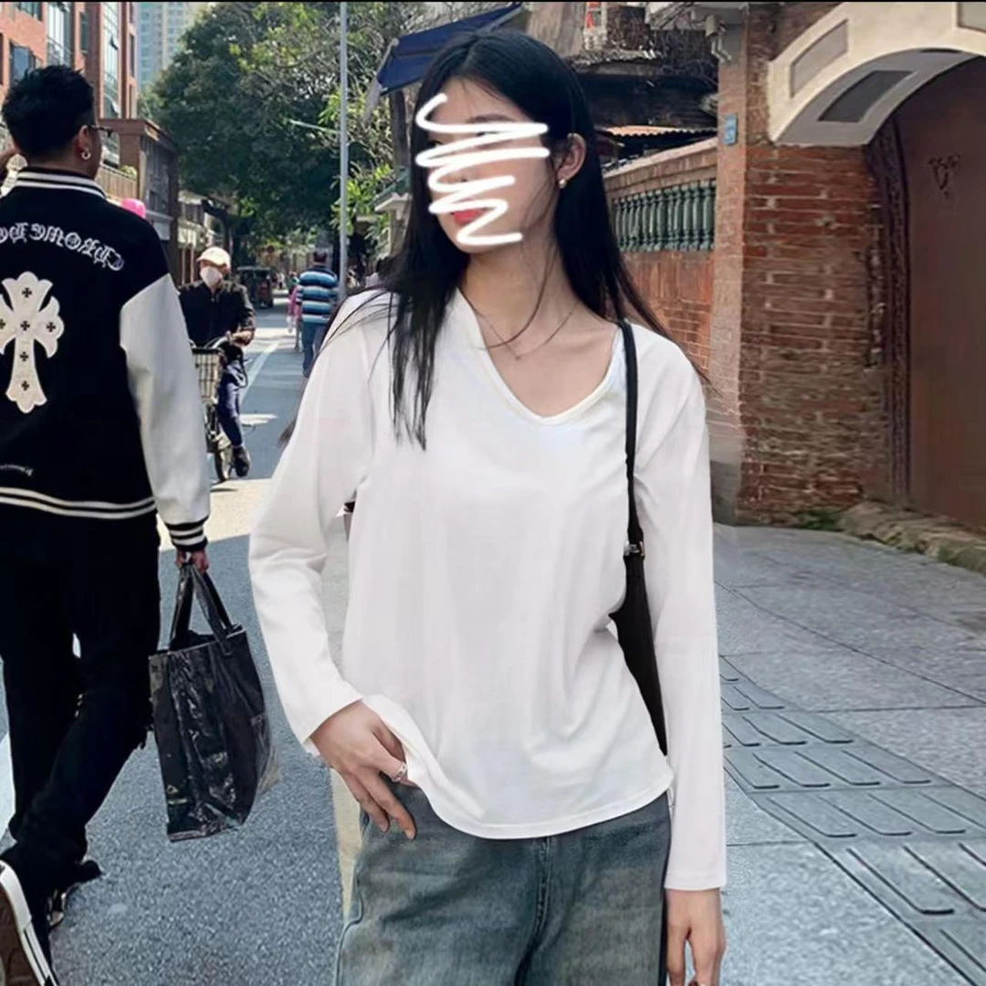 【有运补】白色t恤女V领高弹大领口长袖宽松显瘦内搭秋冬纯色上衣
