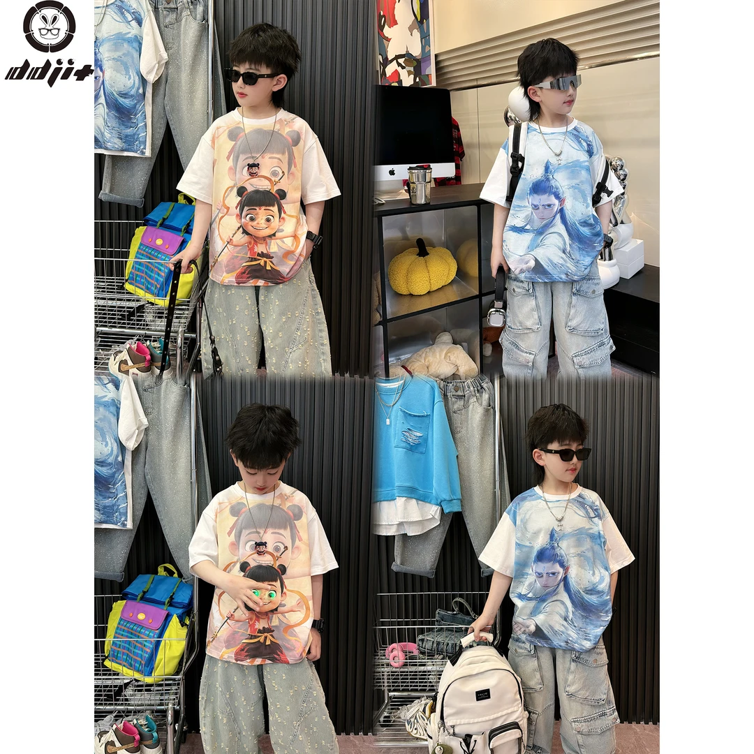 蛋蛋家【亮灯T恤】春夏款时尚街头男童白蓝印花亮灯国漫短袖T恤