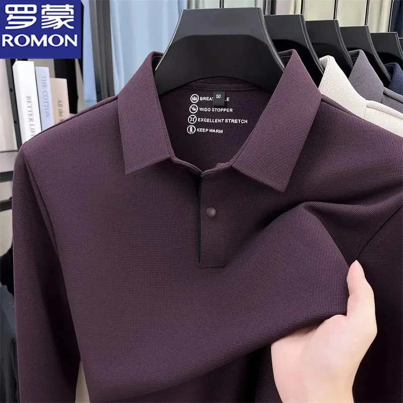 罗蒙秋季锦氨休闲上衣时尚百搭高档POLO衫男中青年翻领长袖T恤衫