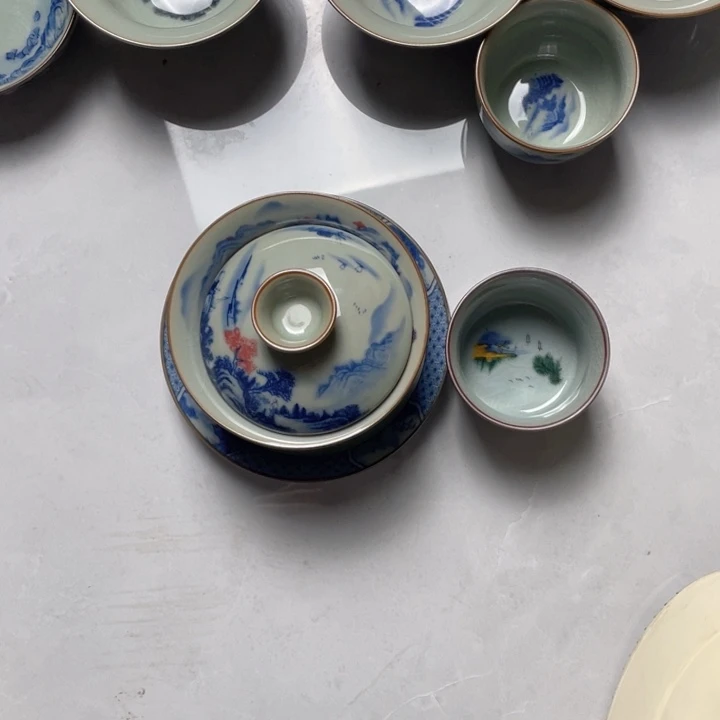 摆件青花富春山居图盖碗加釉山水客杯jjj
