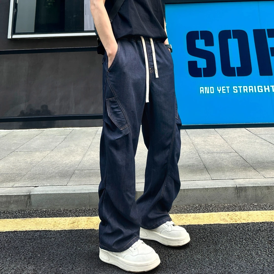 QUALCOMM夏季轻薄凉感伞兵工装裤男款美式褶皱垂感天丝软牛仔裤子