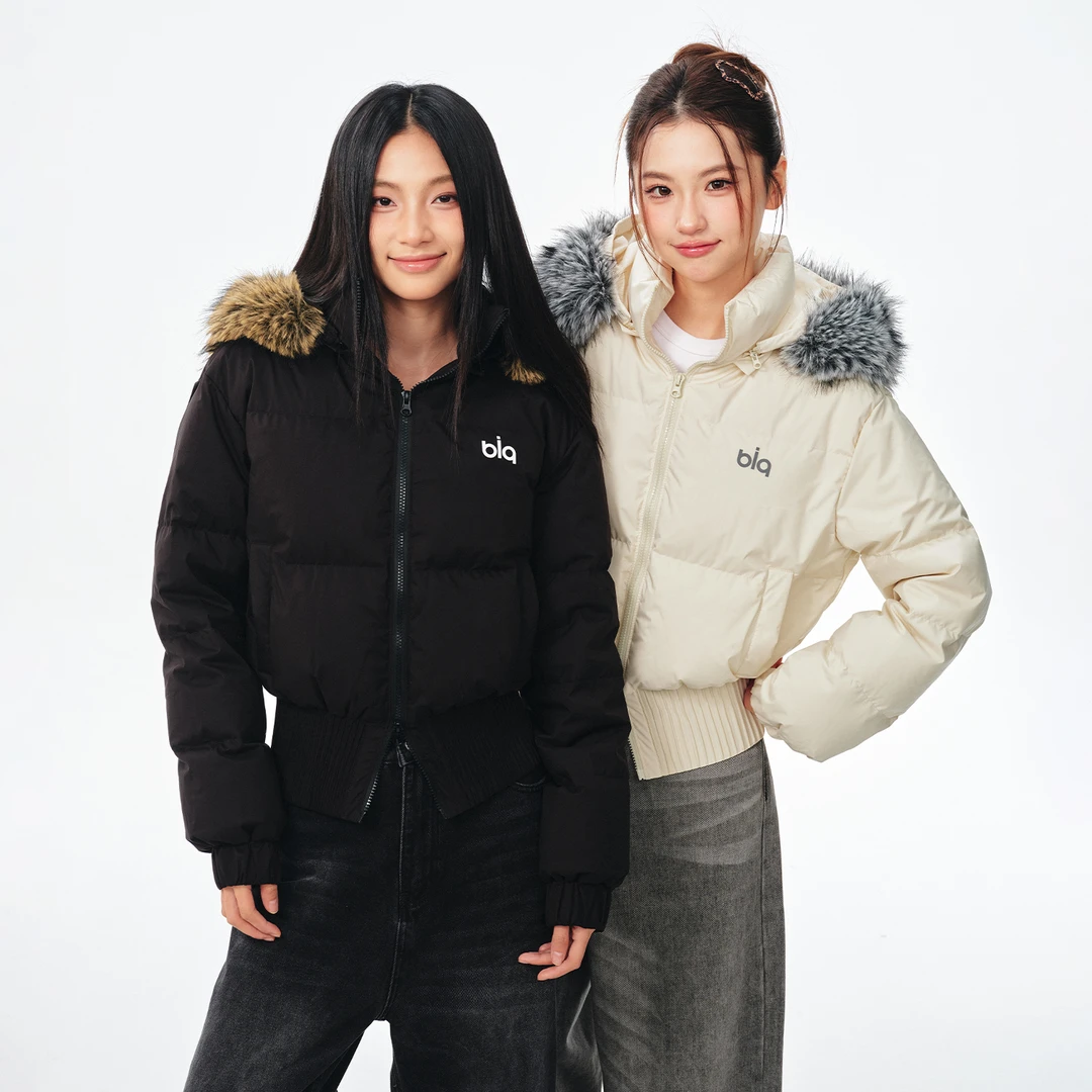 BIPOLAR短款可拆卸毛领连帽休闲冬季保暖羽绒服 21L224