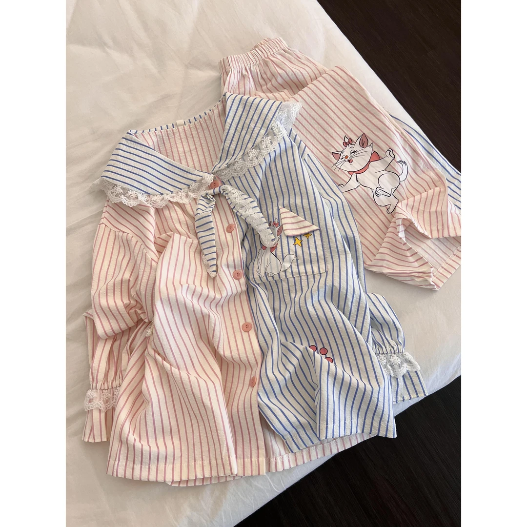 拼接撞色海军领玛丽猫条纹睡衣女春秋新款长袖长裤家居服套装外穿