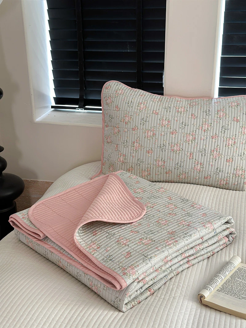韩系碎花双面莫代尔凉感床盖三件套可机洗加密绗缝小尺寸软凉席