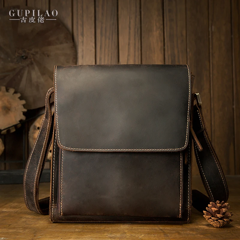原创疯牛皮真皮男士包包单肩斜挎牛皮包男简约商务休闲英伦风时尚