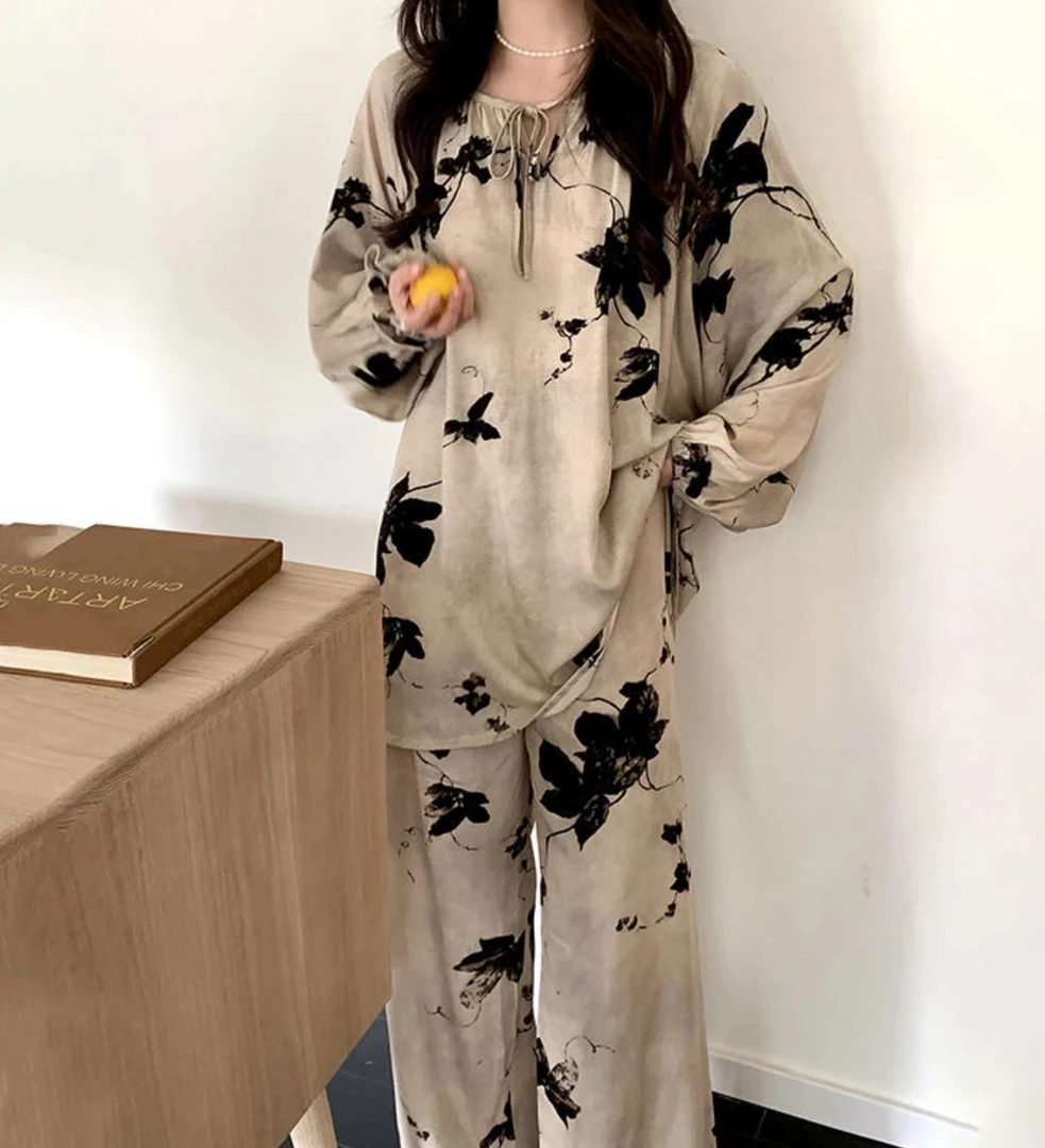 2025新款春夏棉绸国风宽松慵懒感睡衣女人棉垂感可外穿居家服显瘦