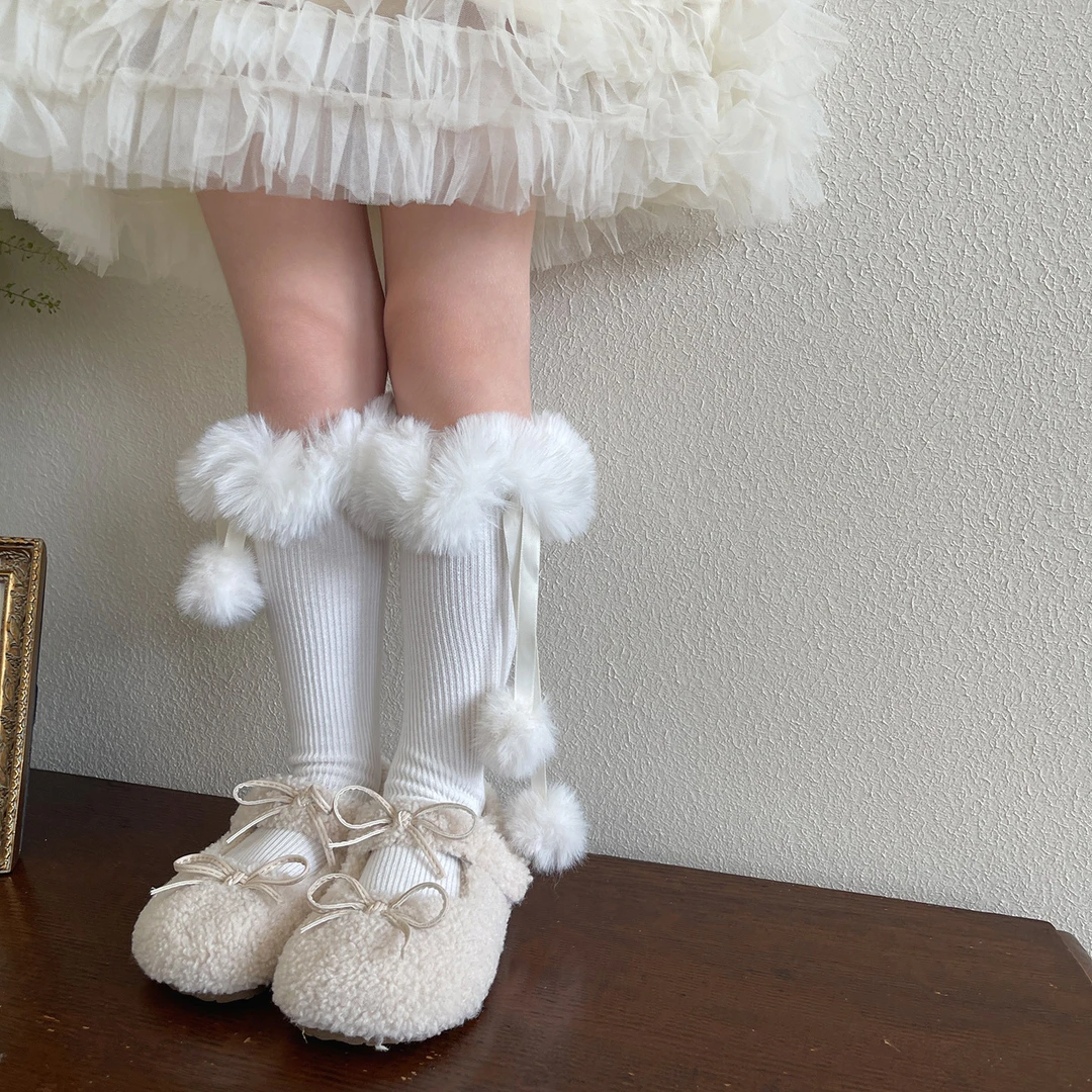 秋冬新品暖糯毛绒花边球蝴蝶结可爱公主中筒小腿堆堆袜女