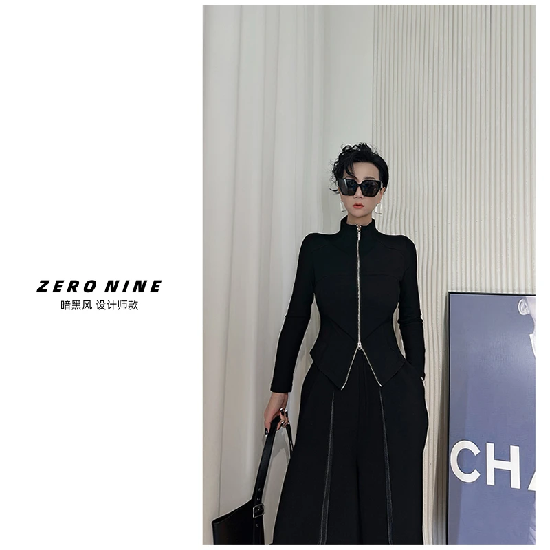 Dan Dan 黑色暗黑风拉链长袖拉链T恤女