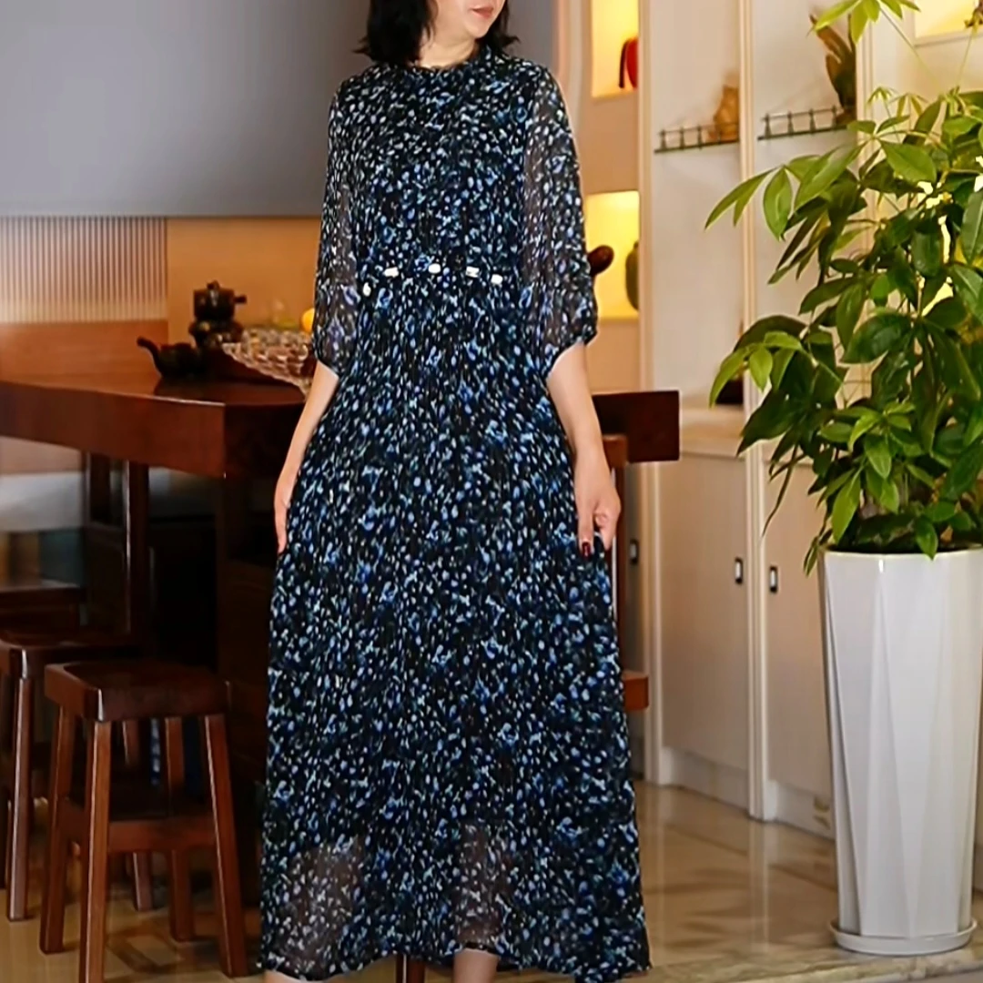 F392【旭日东方】蓝色碎花设计师款夏季连衣裙气质百搭显瘦