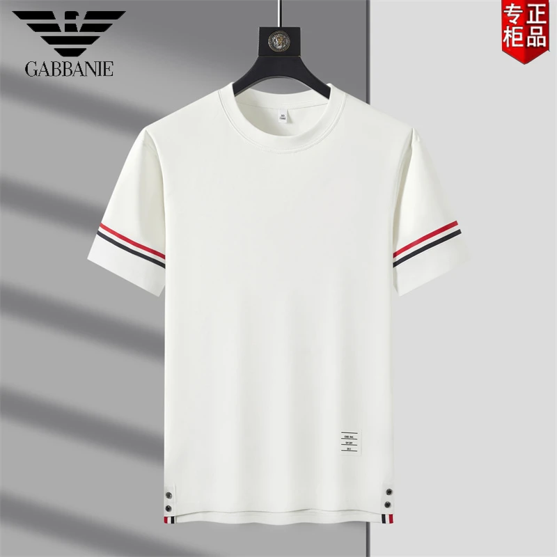 GABBANIE新款弹力短袖T恤男女同款圆领条纹半袖简约休闲情侣T恤衫
