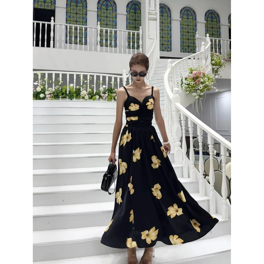 现货现货连衣裙裙子轻奢拉链印花高腰法式无袖显瘦长裙春日慢人风