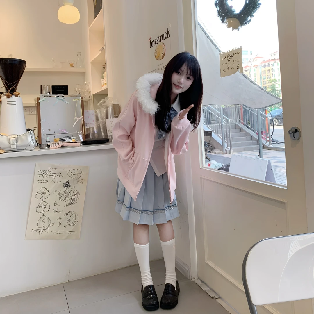 lulucake连帽开衫卫衣女jk日系学院风百搭宽松可拆卸毛领多色外套