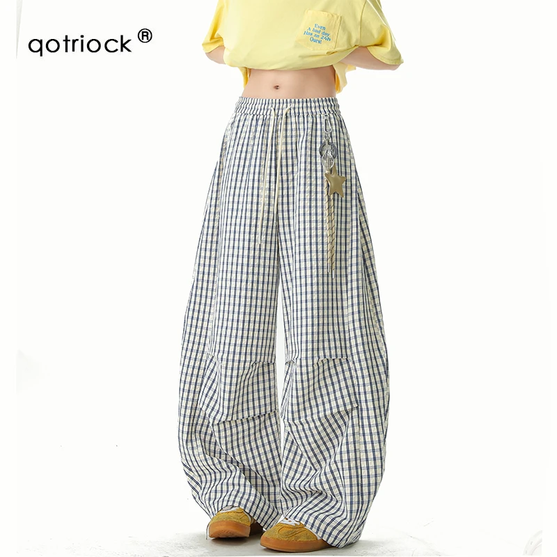 慵懒感格子休闲弯刀裤男女夏季潮ins星星挂饰阔腿裤宽松情侣长裤
