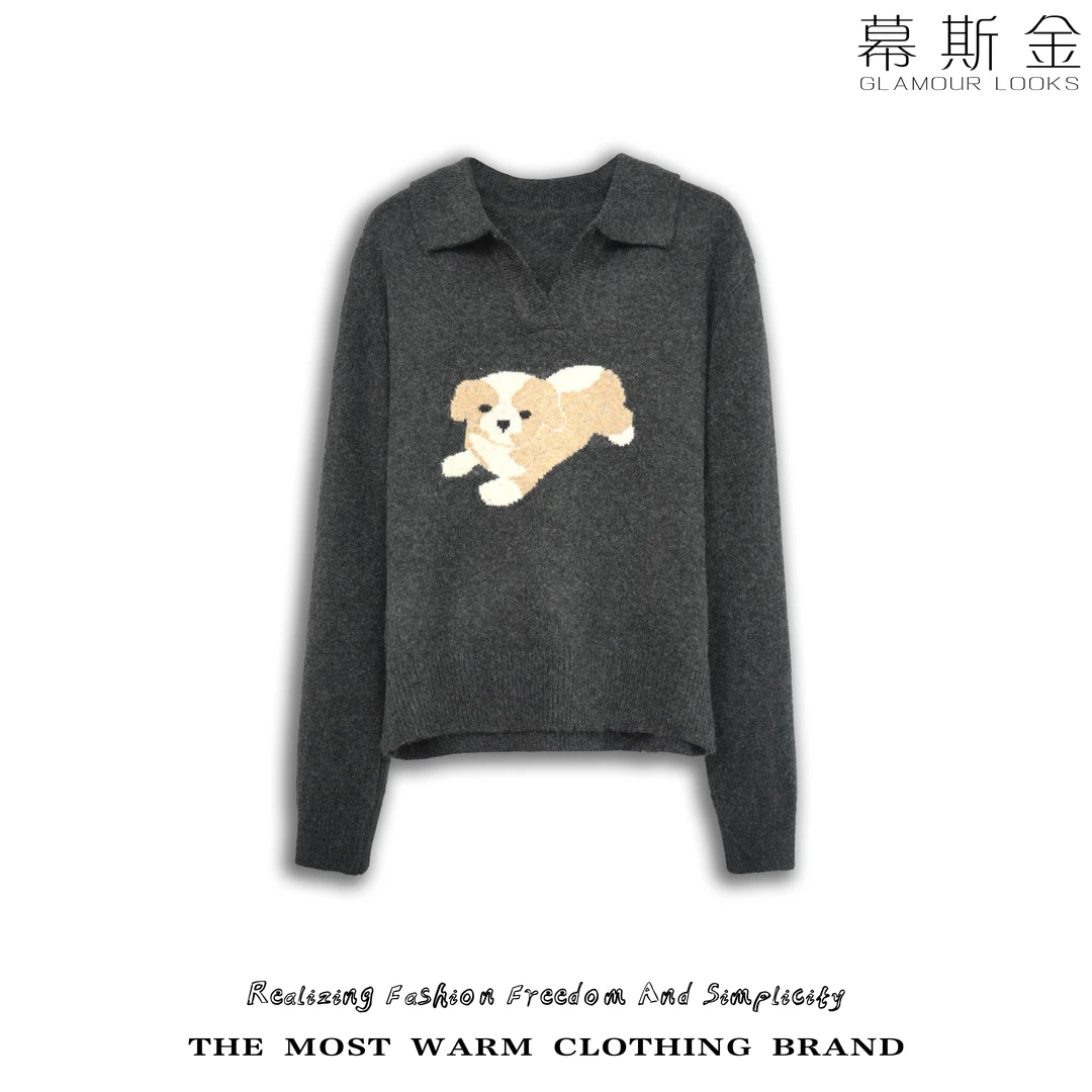 厚毛衣小狗提花卡通秋冬毛针织衫宽松女装时尚翻领MY2419【破价】