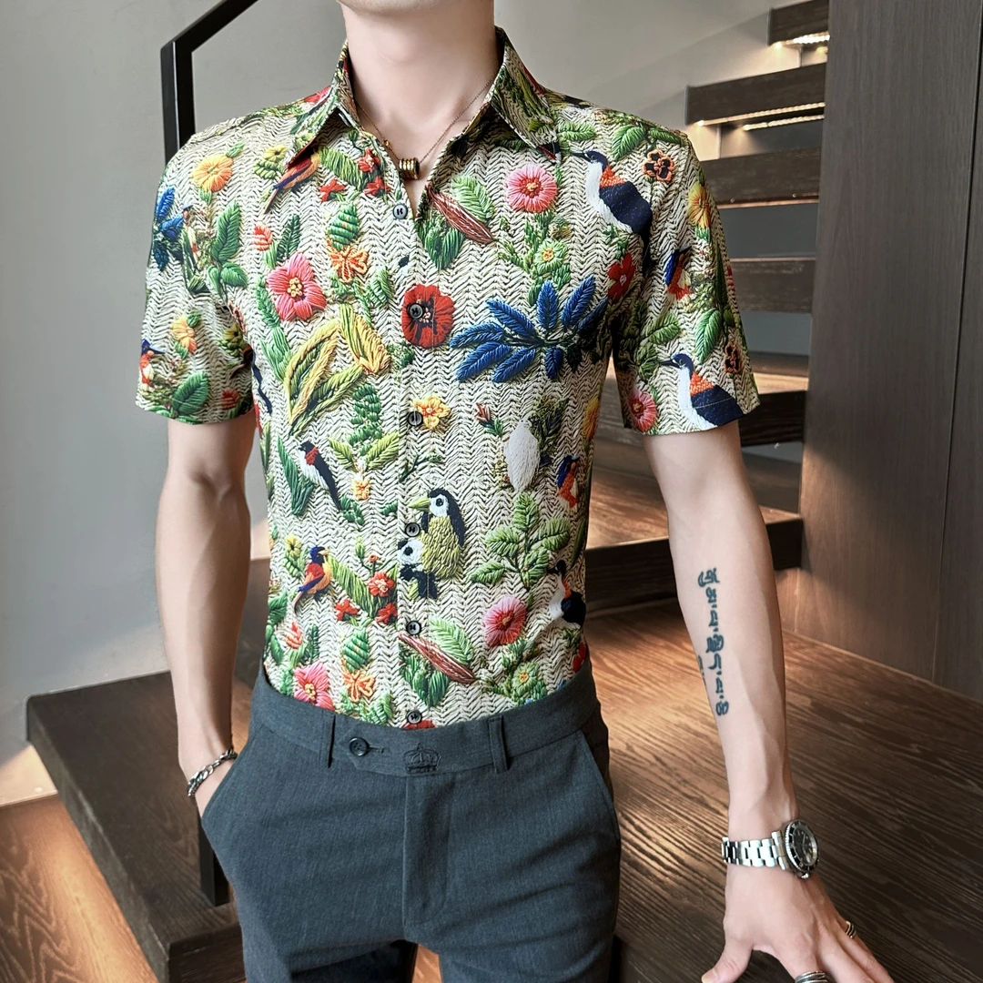 高级感男士花短袖衬衫潮流痞帅夏季2025新款网红休闲印花个性衬衣
