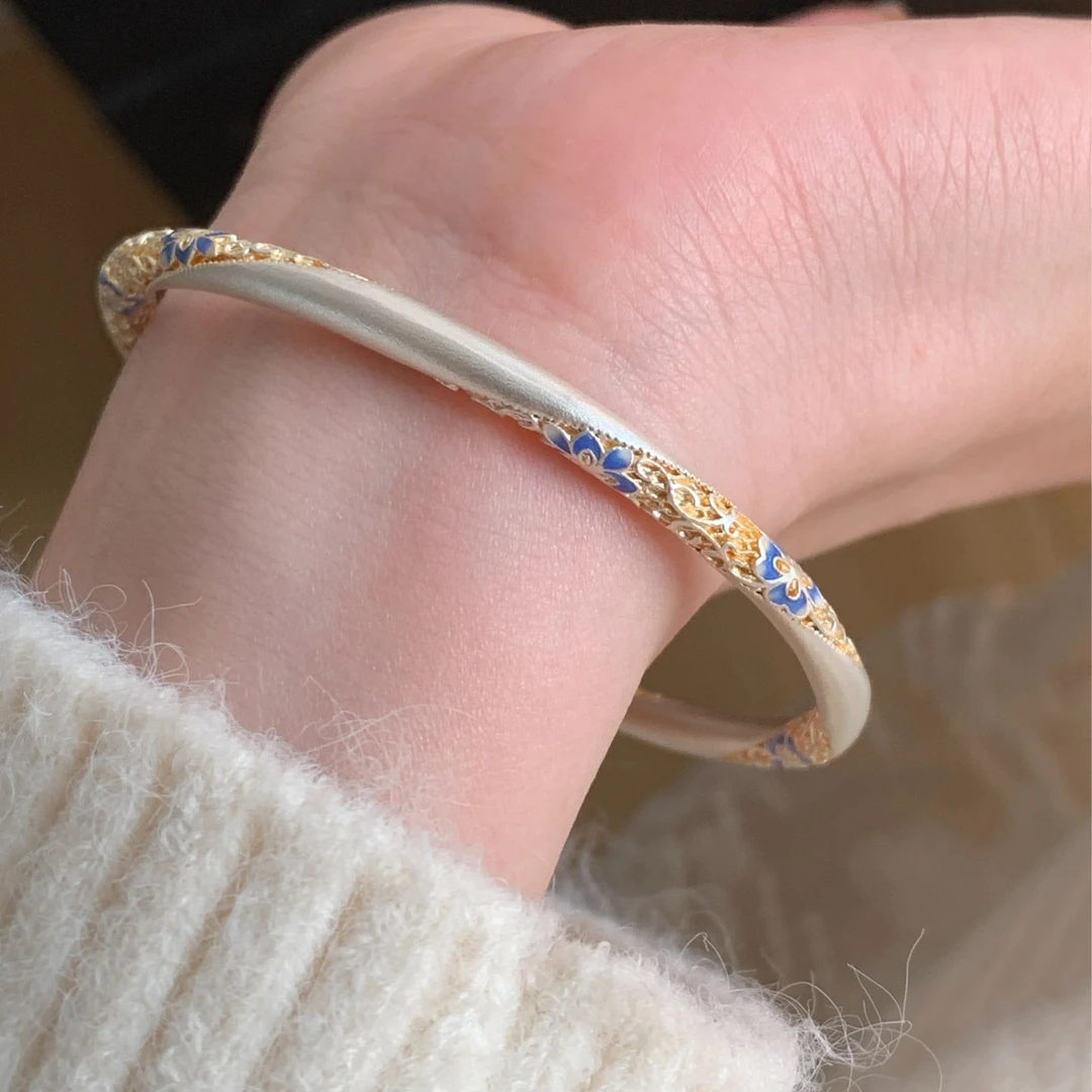 足银珐琅手镯 燕归yangui“捡秋霜”足银999.9  蓝花简约闭口手镯
