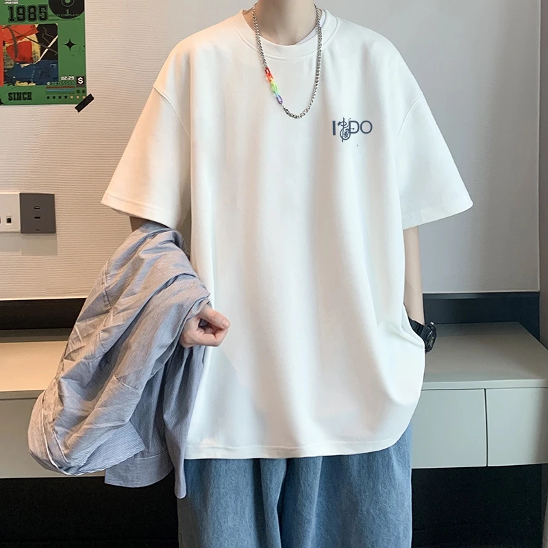 100%纯棉新款休闲潮流t恤男宽松青少年潮牌简约短袖男生大码上衣