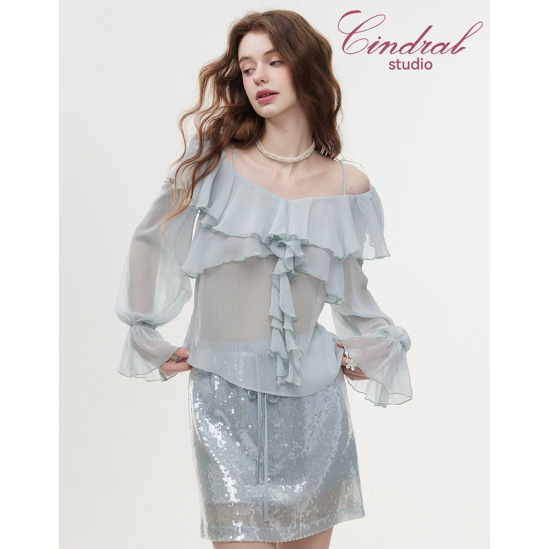 【熙地】夏季街头风网红洋气款轻薄冰凉感一字肩衬衫 C85XB0146L