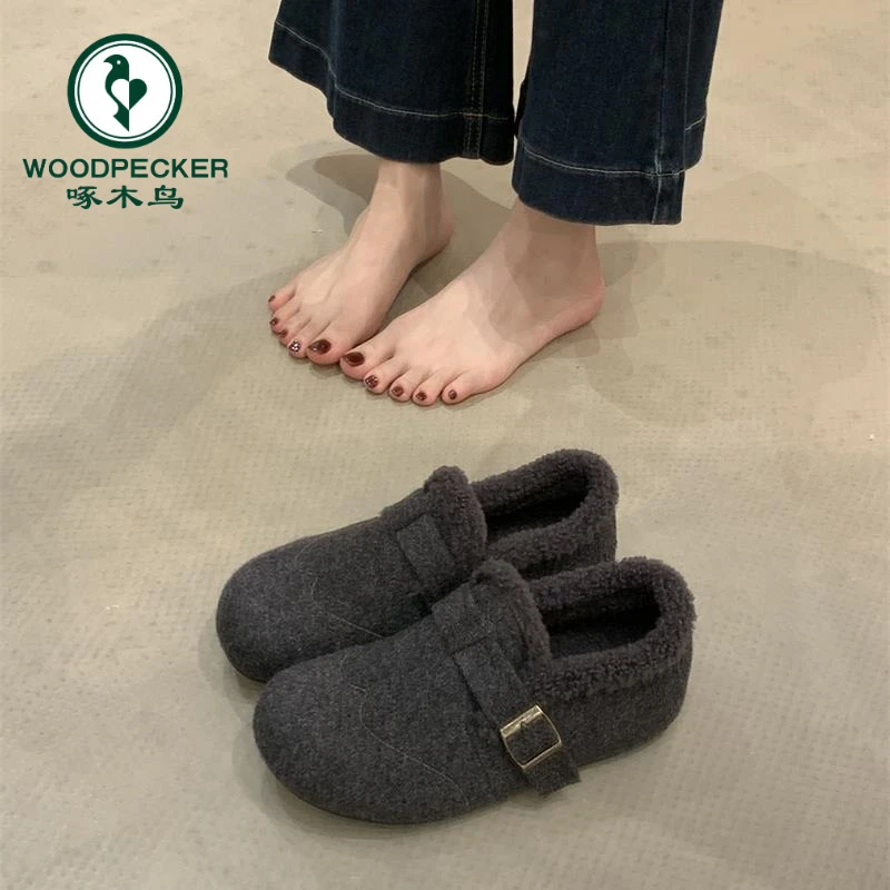 啄木鸟毛呢内增高全包勃肯鞋女2025年冬季新款一脚蹬懒人鞋棉鞋子
