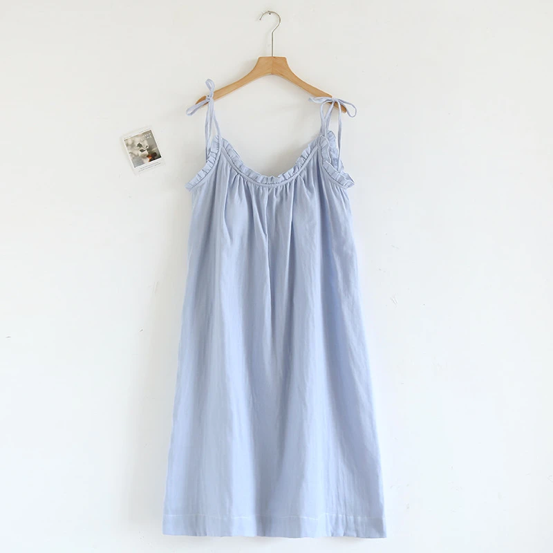 日系吊带睡裙女夏季纯棉纱布睡衣女带胸垫性感无袖背心裙夏天薄款