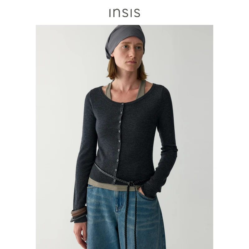INSISFEMME丝光100%绵羊毛2025春季款修身针织衫叠穿针织开衫女